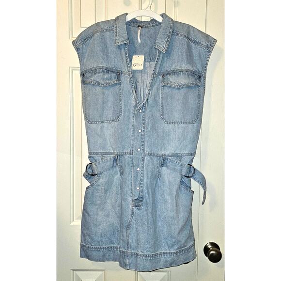 New FREE PEOPLE Rowley Denim Mini Dress $168 LARGE Sunbleached Blue - Picture 5 of 7